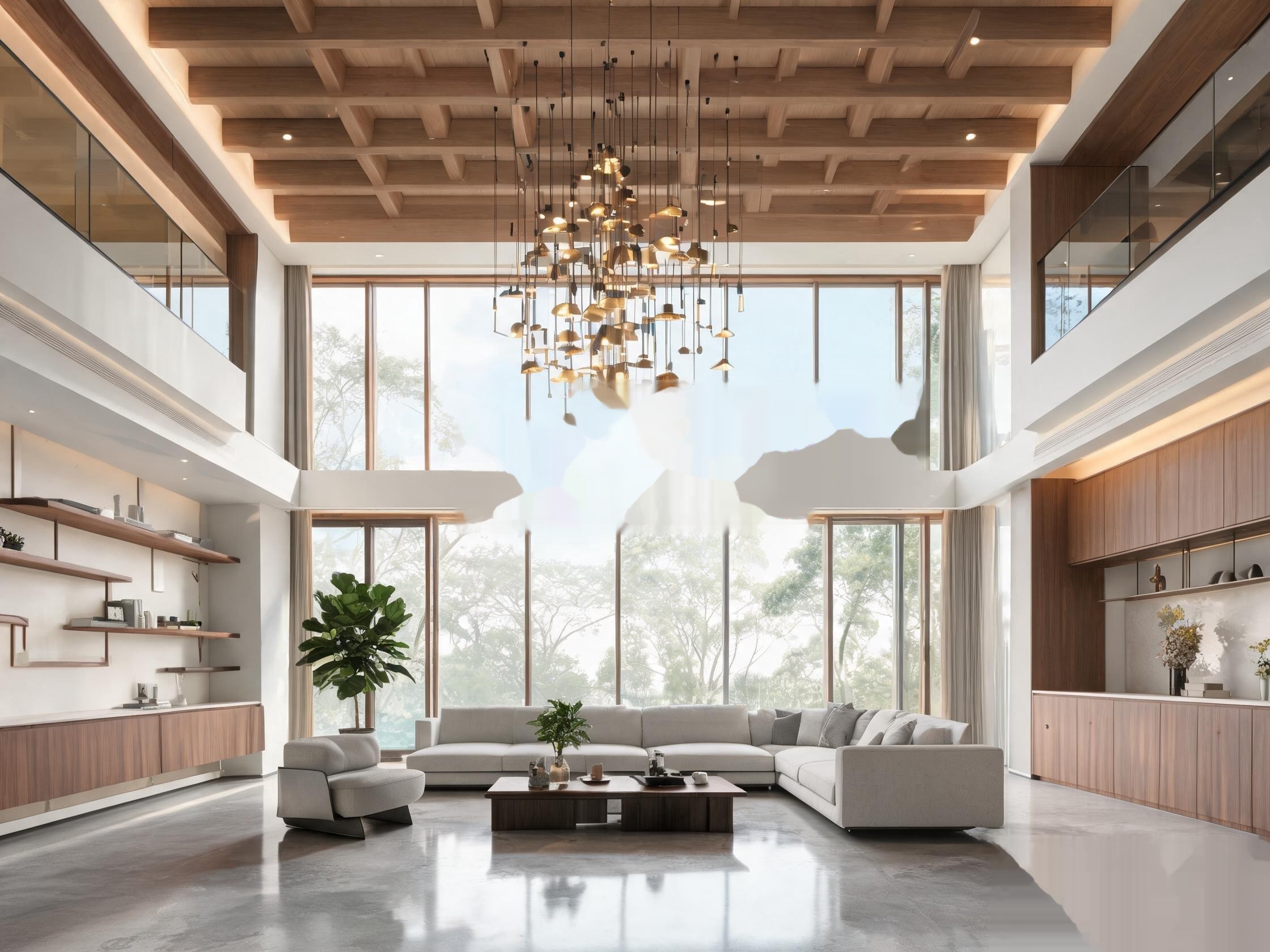 Interior with floor-to-ceiling glazing and concrete feature walls